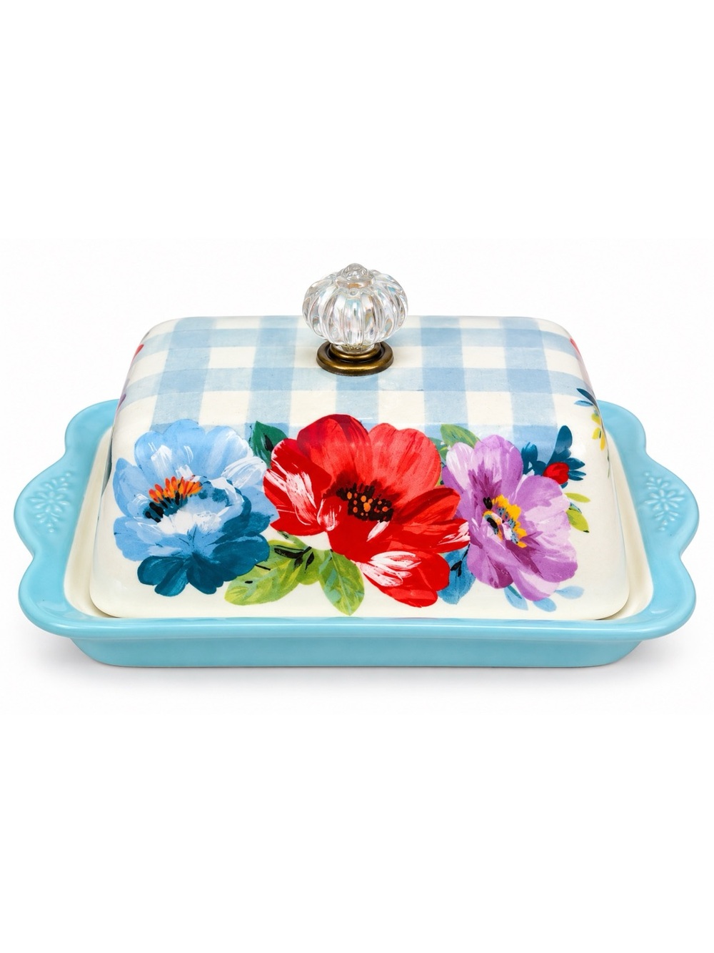 The Pioneer Woman Floral Gingham Butter Dish Blue Stoneware Farmhouse